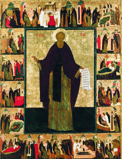 Икона Кирилла с житием, работы Дионисия. Тут можно проследить весь жизненный путь преподобного
