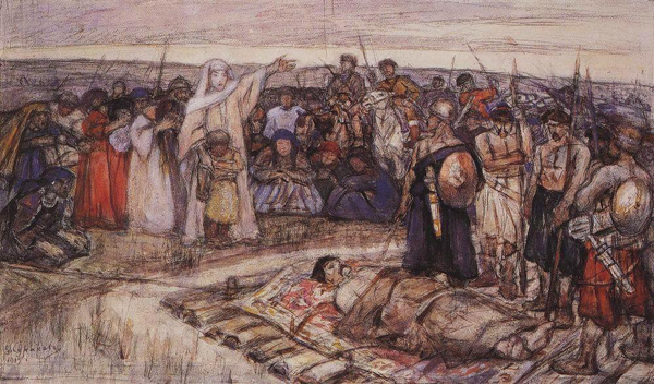 Княгиня Ольга встречает тело князя Игоря. Эскиз В. И. Сурикова, 1915