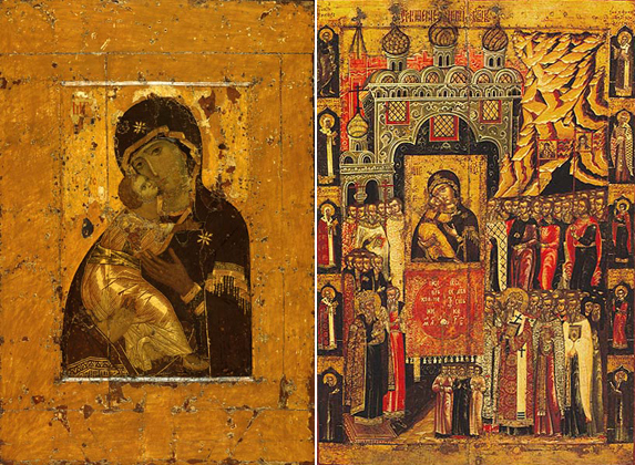 Слева владимирская Богородица, справа Сретенье Владимрской в Москве 8 сентября 1395 года