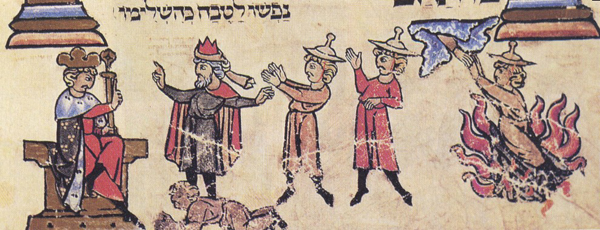 Фараон отпускает Авраама из Египта. Еврейская средневековая миниатюра
