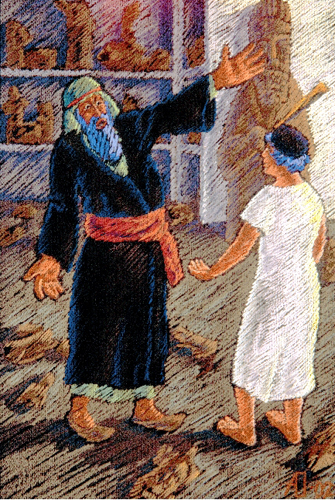 Фарра и Авраам у разбитых богов. Иллюстрация к Агаде Адольфа Ошерова