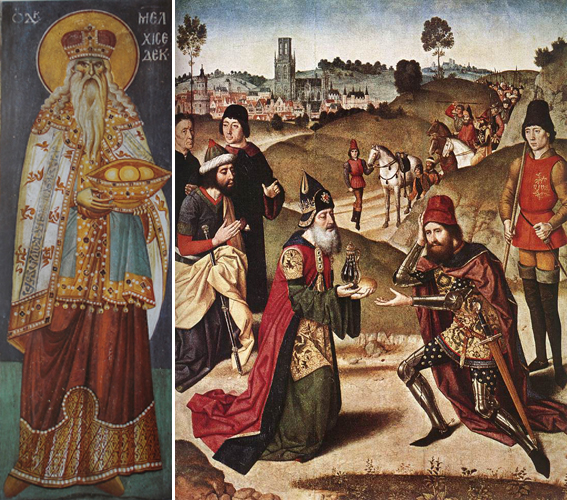 Слева Мелхиседек, фреска 17-го века. Справа Мелхисидек благословляет Авраама (рыцарь справа), картина Дирка Боутса старшего