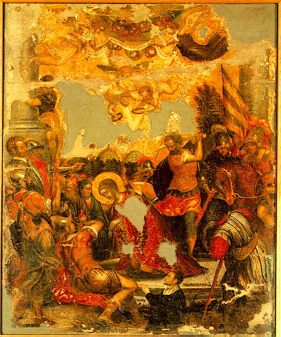 Греческая икона усекновения главы св. Параскевы Римской. Михаил Дамаскин, 16 век