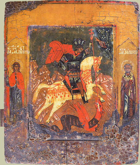 Икона Георгий Победоносец. На ней слева Пятница, а справа Никола