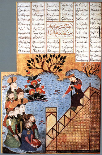 Чингисхан объявляет мусульманам в большой мечете в Бухаре, что он представлет собой Божью Кару. Средневековая миниатюра из сборника летописей Рашид ад-Дина
