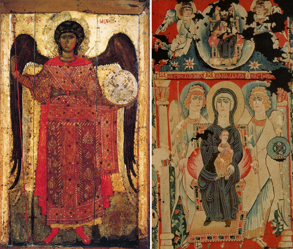 Слева Архангел Михаил, Ярославская икона, около 1300 года. Справа Богоматерь на престоле с архангелами Михаилом и Гавриилом 6-7 век. Александрия, гобелен
