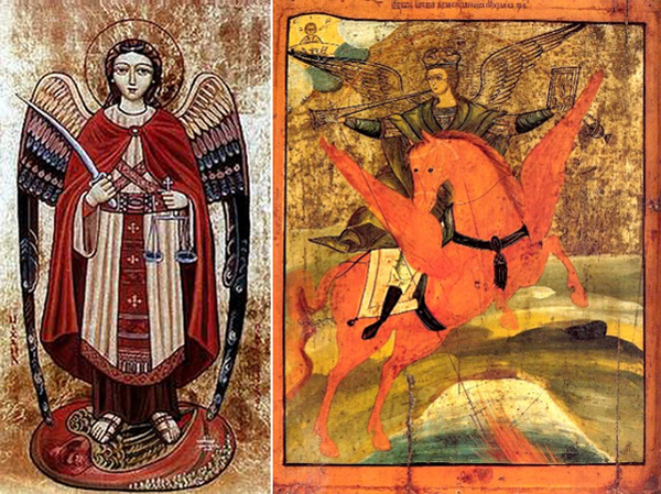 Михаил Архангел. Слева коптская икона. Справа Архангел Михаил - грозный воевода, русская икона