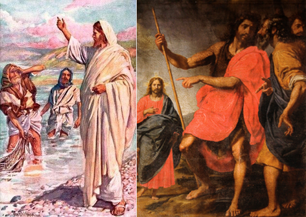 Призвание Андрея. Слева по версии Матфея, справа по Иоанну