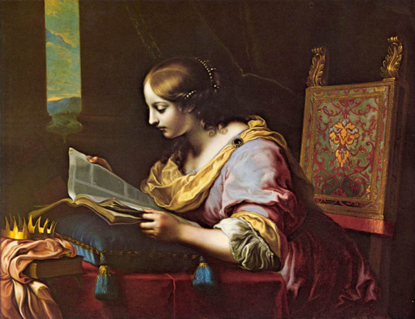 Святая Екатерина, читающая книгу. Картина Карло Дольчи