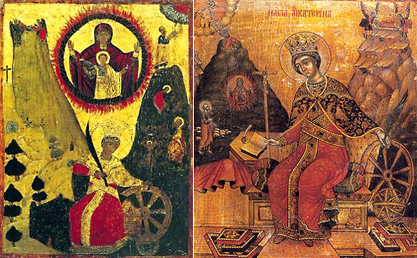 Слева святая Екатерина, греческая икона. Справа икона Екатерины, написанная в одной из стран Средиземноморья в 18 веке. На обеих иконах Екатерина как будто прядет