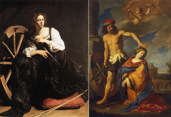Святая Екатерина. Слева картина Караваджо. Справа - Гверчино (казнь, 1653 год)