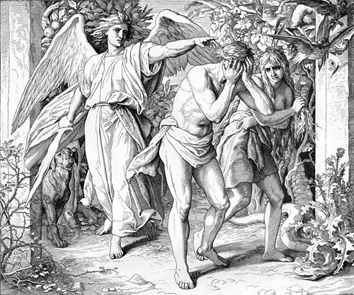 Ангел показывает Адаму и Еве дорогу вон из рая. Гравюра Юлиуса Шнорр фон Карольсфельда