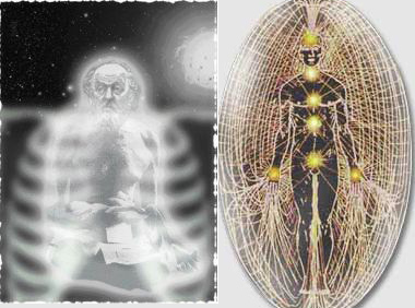 Слева - фотоснимок, на котором, якобы, запечатлено астральное (оно же в некоторых учениях называется тонким, или эфирным) тело человека. Справа - чакры, энергетические центры человеческого организма, излучающие свечение, из которого, по мнению эзотериков, образуется аура астрального тела