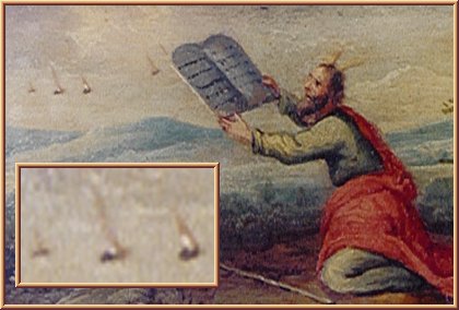 Гравюра неизвестного бельгийского художника (в Earls D’Oltremond). Моисей получает откровение от неопознанных летающих объектов (см. увеличенный фрагмент).