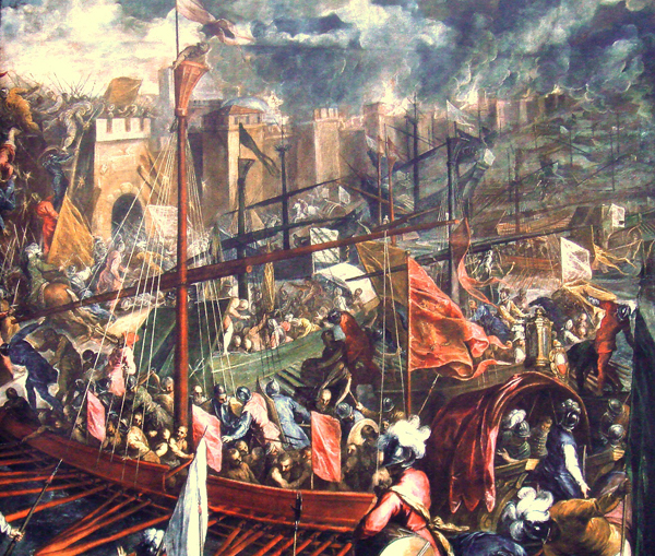 Штурм Константинополя. Это уже второй штурм, 13 апреля 1204 года, когда город был взят и разграблен. В том же году была основана Латинская империя со столицей в Константинополе