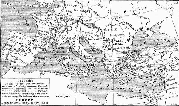 Карта крестовых походов. Можно разглядеть маршруты